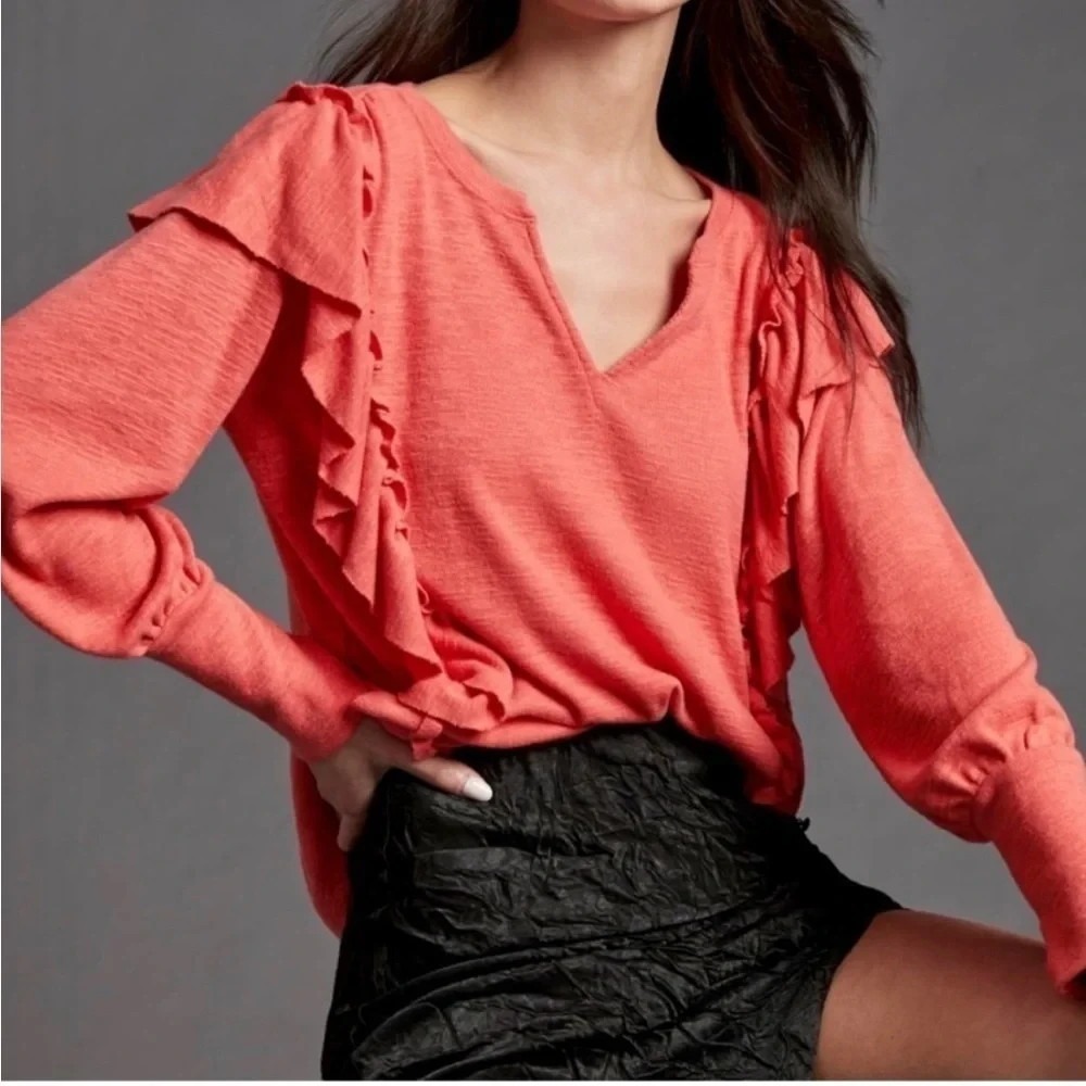 Anthropologie Pilcro Top Womens Medium Coral Long Puff Sleeve Ruffle Stretch